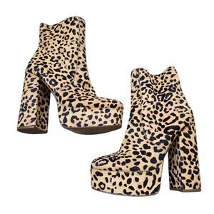 Steve Madden Cheetah Print Leather Calf Hair Platform Bang Booties sz 7.5M Party